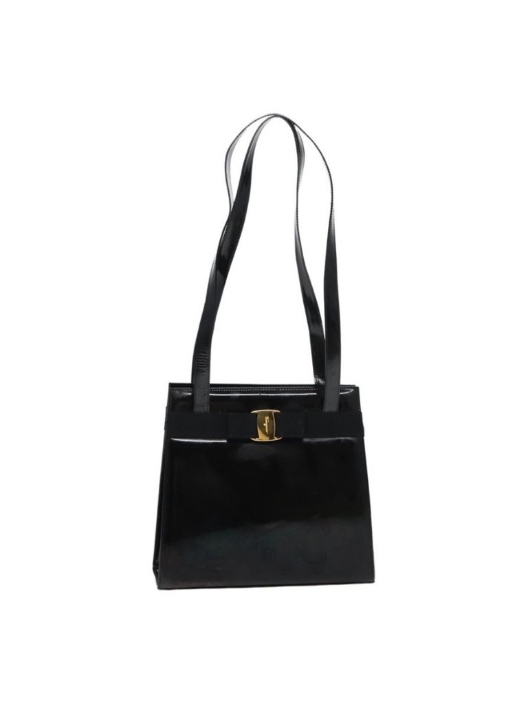 Authentic Salvatore Ferragamo Shoulder Bag Enamel Black